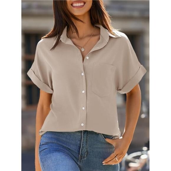 Women's Apricot Short Sleeve Shirts V‎ Neck Collared Button Down Shirt Tops - Picture 3 of 6
